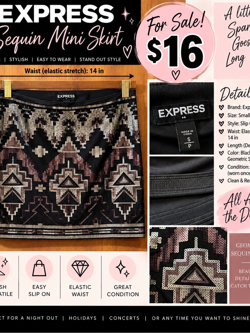Express Black Sequin Mini Skirt with Silver & Pink Accents
